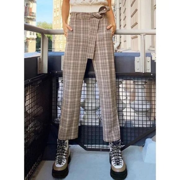 Aritzia Wilfred New Tie Front Belt Check Plaid Pants Cropped High Rise Trousers - Picture 4 of 13